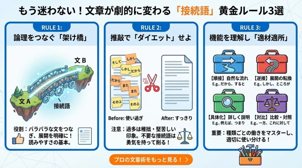 よく使う日本語の「接続語の一覧」と用例について！接続語を活用して論理的な文章を作ろう