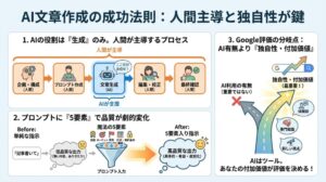 AI文章作成の失敗しない始め方 ・AI文章作成は「生成」だけAI任せ、他の4工程は人間が主導する ・プロンプトに5要素を入れるだけでAI出力の品質は大幅に変わる ・Google評価の分岐点はAI利用の有無でなく独自性と付加価値