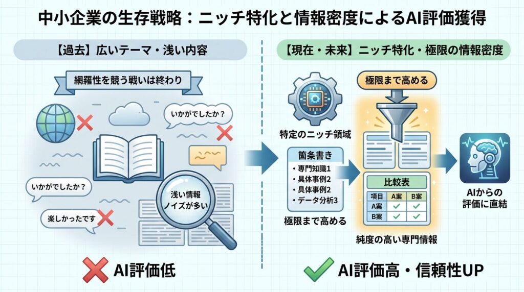 広いテーマで網羅性を競う戦いは終わりです。中小企業は「特定のニッチな領域」にテーマを絞り込み、情報の密度を極限まで高めてください。「いかがでしたか？」といった会話のノイズを削ぎ落とし、箇条書きや比較表を活用して、専門家としての純度の高い情報だけを隙間なく配置することが、AIからの評価に直結します。
