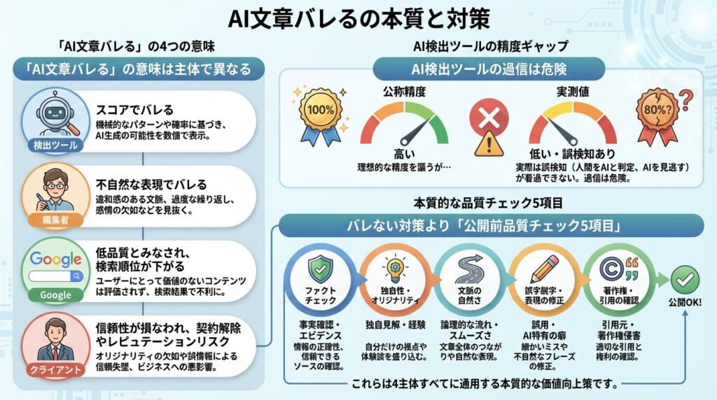 ・「AI 文章 バレる」は検出ツール・編集者・Google・クライアントの4主体で意味が違う ・AI検出ツールの公称精度と実測値には看過できないギャップがあり、過信は危険 ・バレない対策より公開前の品質チェック5項目が4主体すべてに通用する