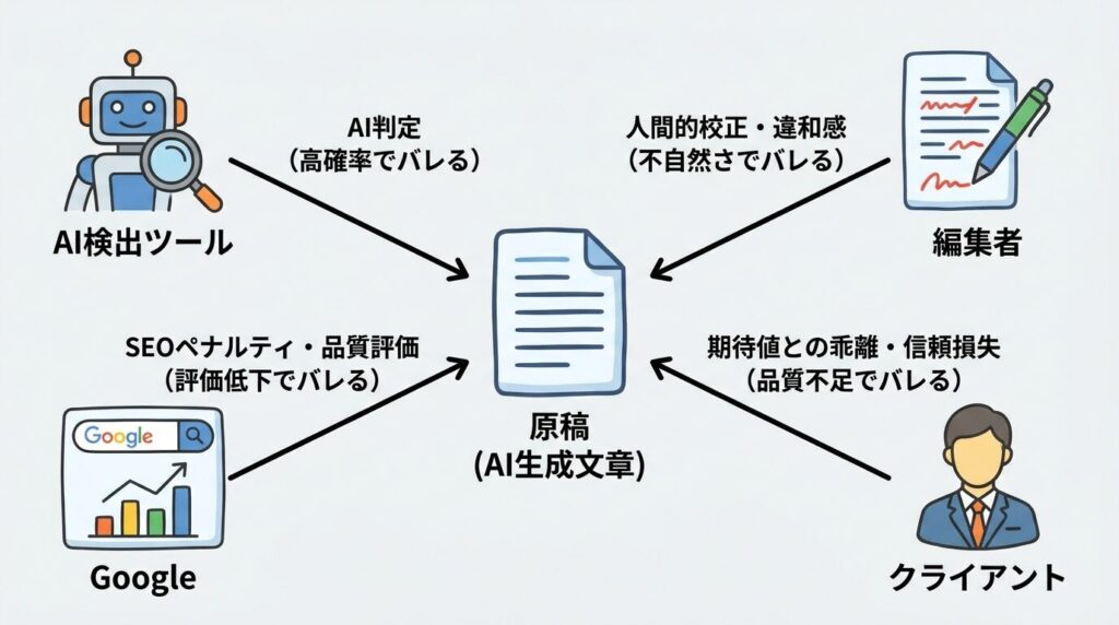 AI文章が『バレる』4つの主体(AI検出ツール・編集者・Google・クライアント)と原稿の関係性を示すマップ図解