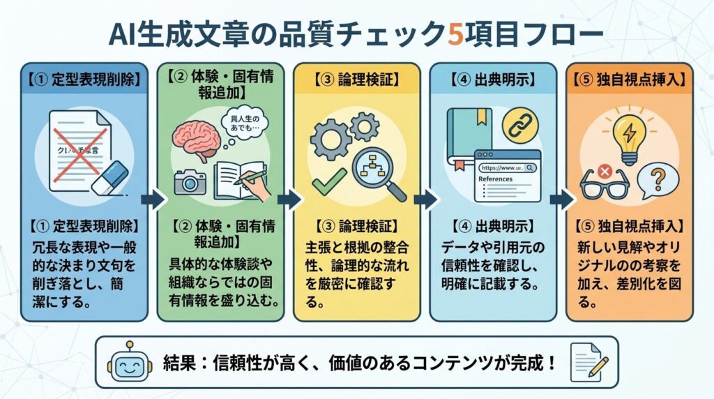 AIで書いた文章の品質チェック5項目フロー図:①定型表現削除→②体験・固有情報追加→③論理検証→④出典明示→⑤独自視点挿入