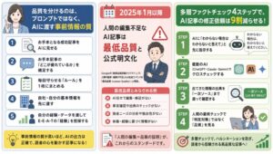 ・品質を分けるのはプロンプトではなく、AIに渡す事前情報の質 ・2025年1月以降、人間の編集不足なAI記事は最低品質と公式明文化 ・多層ファクトチェック4ステップで、AI記事の修正依頼は9割減らせる