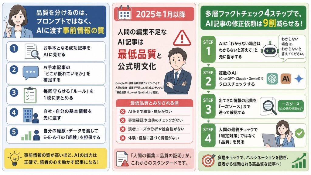 ・品質を分けるのはプロンプトではなく、AIに渡す事前情報の質 ・2025年1月以降、人間の編集不足なAI記事は最低品質と公式明文化 ・多層ファクトチェック4ステップで、AI記事の修正依頼は9割減らせる
