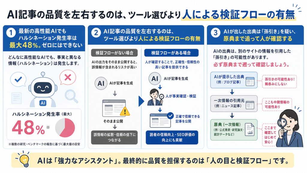 ・AI記事の品質を左右するのは、ツール選びより人による検証フローの有無 ・最新の高性能AIでもハルシネーション発生率は最大48%。ゼロにはできない ・AIが出した出典は孫引きを疑い、原典まで追って人が確認する